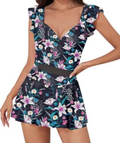 Damen Einteiliger Badeanzug mit Rüschen Bauchkontrollierender Baderock Push Up Netzrock Badeanzug Tummy Control Badekleid