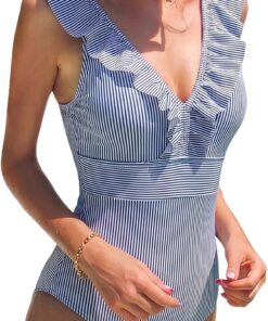 heekpek Damen Badeanzug V-Ausschnitt Bikini Einteiliger Badeanzug Sexy Rüschen Figurformend Strandbekleidung Bedruckt Vintage High Waist Bikini Monokini