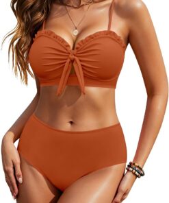 HORISUN Damen Hochtaillierter Bikini-Set, Zweiteiler Badeanzug mit Knotendetail vorne und Rüschenbesatz, Strand-Badebekleidung für Frauen