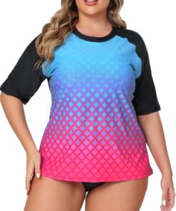 Halcurt UV Shirt Damen mit BH Übergröße Kurzarm UPF 50+ Rash Guard 1X-4X | Sonnenschutz Schwimmshirt, Atmungsaktiv, Schnell Trocknend, Nur Schwimmoberteil, Raglan Ärmel, Lockere Passform