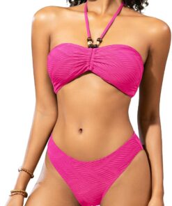 SHEKINI Bandeau Bikini Damen Set Bikinis Hohe Taille Neckholder Bikini Mit Kordelzug Bikini Set Einfarbig Zweiteiler Badeanzug Bademode Sexy Swimsuit Boho