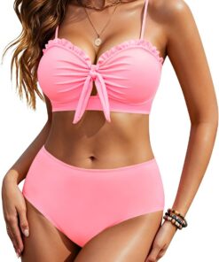 HORISUN Damen Hochtaillierter Bikini-Set, Zweiteiler Badeanzug mit Knotendetail vorne und Rüschenbesatz, Strand-Badebekleidung für Frauen