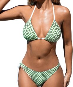 CUPSHE Bikini Damen Set Neckholder V Ausschnitt Low Waist Swimsuit | Triangel,Niedriger Bund,Bequeme Passform,Schnürung Strukturiert,Zweiteiliges Design, Für Strand und Pool