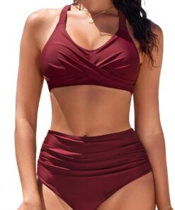 heekpek Damen Zweiteiliger Badeanzug Bauchweg V-Ausschnitt Bikini Damen Set Bademode mit Cross Bikini-Oberteil und Hohe Taille Bikini-Unterteile