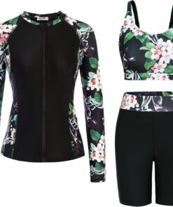 GRACE KARIN Damen 3 Piece Badeanzug Langarm Badeanzug mit Reißverschluss Elegant Tankini Set mit Jacke Surfkleidung
