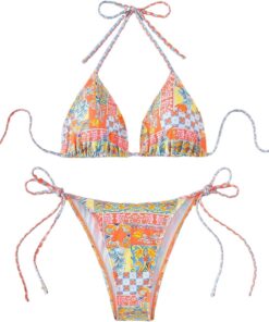 ZAFUL Damen Halter Trangle Bikini Set Tie-Side Cheeky Texture/Floral/Leopard Druck Zweiteiliger Badeanzug Bademode