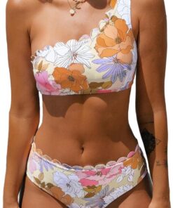 CUPSHE Damen Bikini Set One Shoulder Wellenkante Mid Waist Bikini Asymmetrische Bademode Zweiteiliger Badeanzug Swimsuit