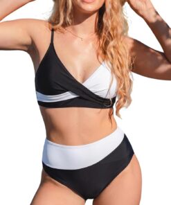 TcIFE Damen Bikini Set V-Ausschnitt Twist-Front High Waist Bauchweg | Damen Bikini Set mit V-Ausschnitt, Twist-Front, High Waist Bauchweg, verstellbaren Trägern Colorblocked, Bauchweg Badeanzug