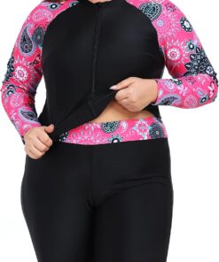 Owntop Damen Übergröße Rash Guard | 2-Teilige UPF 50+ Badeshirt | Langarm Reißverschluss Rashguard-Shirts & Hochtaillierte Boyshorts | Schnelltrocknend Badebekleidung Badeanzüge | Schwimmen Surfen