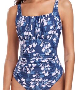 Damen Einteilige Badeanzug Vintage Ruched Einteilige Bademode Swimsuit 1 Piece Badebekleidung Retro Ruched Bauchweg Badekleid