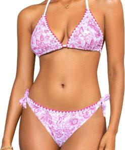SHEKINI Damen Triangel Schnürschuh Bikini Set Badeanzug Rückenfrei Strandkleidung Boho Bedruckter Zweiteiliger Bademode