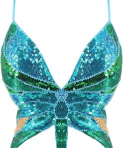 Damen Bauchtanz Kostüm BH Oberteil mit Pailletten Perlen Schmetterling Träger Halfter Crop Top Belly Dance Tanzkleidung (Blau C, Freesize)