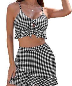 Damen Bikini Rock Set Cropped Oberteil High Waist Bauchweg Baderock Bademode Mit Innenslip Schwimmrock