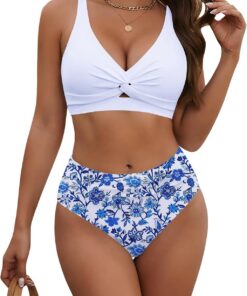 HORISUN Damen Bikini Set, High Waist Twist Front V-Ausschnitt Badeanzug Zweiteiliger Bademode Swimsuit