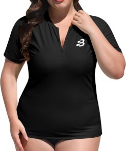 BesserBay UV Shirt Damen Übergröße 1/4 Zip Schwimmshirt Kurzarm UPF 50+ Rashguard Women Sonnenschutz Trocknender Badeshirt ohne Bra Surfershirt 1X-4X