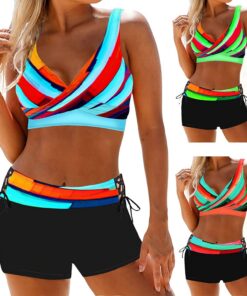 Singular-Point Damen Sport Bikini Set Push Up Badeanzug Zweiteiler V-Ausschnitt Shaping Bademode Hoher Taille Bauchweg Badeshorts Bunt Muster Badebekleidung Neckholder Swimsuit Kordelzug
