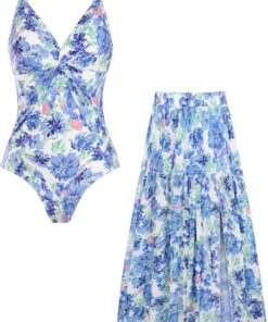 GRACE KARIN Damen Monokini, V-Ausschnitt mit Blumenprint, 2-teiliges Badeanzug-Set mit Schwimmrock und Tummy Control