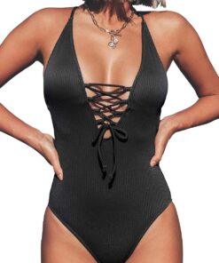 CUPSHE Damen Badeanzug mit Schnürung Plunge Einteiler Gerippte Einteilige Bademode Swimsuit