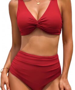 Bikini Damen Set Bauchweg, High Waist Bikini Push Up Shape | Hohe Taille Curvy Zweiteiliger Badeanzug Bikini Oberteil Verstellbare Träger V Ausschnitt Sexy Swimsuit S-XXL