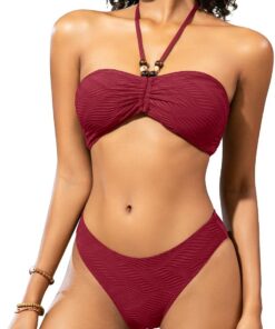 SHEKINI Bandeau Bikini Damen Set Bikinis Hohe Taille Neckholder Bikini Mit Kordelzug Bikini Set Einfarbig Zweiteiler Badeanzug Bademode Sexy Swimsuit Boho