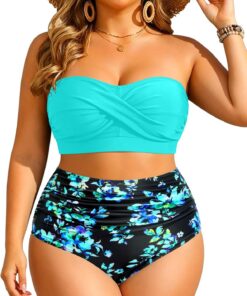 Yonique Zweiteiliger Damen-Badeanzug, Übergröße, hohe Taille, Bandeau-Bikini, Bauchweg-Badeanzug