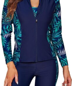 SHEKINI Damen 3 Teiliger Tankini Sets Langarm Rash Guard Reißverschluss Schwimmshirt Surfshirt Weste Bikinioberteil Badeanzug Badeshorts Sicherheits Sporty Radlerhose Schwimmanzug