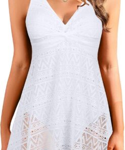 SHEKINI Einteilige Badeanzug Damen Bauchweg Elegant Badeanzugkleid Fließender Schwimmkleid mit Spitze V-Ausschnitt Badekleid Bademode Badeanzug mit Rock Swimsuits