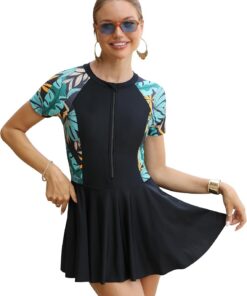 ABEHIK Damen Badekleid mit Shorts Einteilige Takini Kurzarmel Schwimmkleid Schwimmanzug Sommer Badeanzug Frauen Bademode Swim Dress