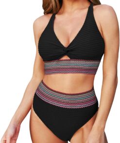 CUPSHE Damen Bikini Set V Ausschnitt Twist Front High Waist Sport | Zweiteiliger Badeanzug Swimsuit, Farbige Wellenmuster, Raffung für Bauchweg, V-Ausschnitt mit Cutout