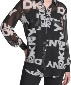 DKNY Damen Long Sleeve Button Down Chiffon Logo Shirt