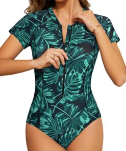 SHEKINI Frauen Kurzarm Rash Guard Schutz Reißverschluss Surfen Einteiliger Badeanzug