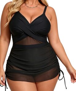 SEDEX Badeanzug Damen Bauchweg Große Größen V-Neck Mesh Shape Monokini Crossover Push Up Einteiler Schwimmanzug Verstellbare Träger Sexy Strandmode Badekleid Curvy