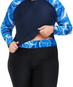 Owntop Damen Übergröße Rash Guard | 2-Teilige UPF 50+ Badeshirt | Langarm Reißverschluss Rashguard-Shirts & Hochtaillierte Boyshorts | Schnelltrocknend Badebekleidung Badeanzüge | Schwimmen Surfen