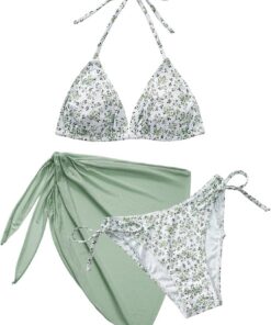 Bikini Damen Set 3 Teiliger Triangel Bikinis Push Up Neckholder Sexy Push Up V Ausschnitt Bademode mit Rock Swimsuit Set