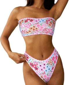 ZAFUL Damen Bandeau Bikini Set Gerippt/Blumen/Boho/Tropical Hoher Beinausschnitt Cheeky Trägerlos Zweiteiler Badeanzug Bademode