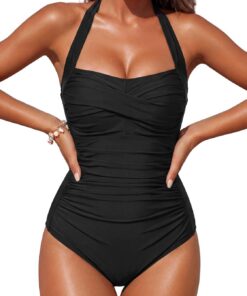 Smismivo Badeanzug Damen Bauchweg Push Up Schwimmanzug mit Retro Schlankheits Raffung Vintage Einteilige bademode Swimsuits for Women