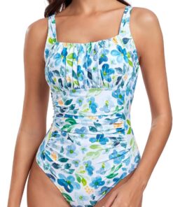 Damen Einteilige Badeanzug Vintage Ruched Einteilige Bademode Swimsuit 1 Piece Badebekleidung Retro Ruched Bauchweg Badekleid