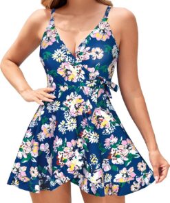 SHEKINI Einteiliger Badeanzug Damen Badeanzugkleid V-Ausschnitt Kreuz Seite Ties up Schwimmkleid Verstellbarer Schultergurt Ruched Elegant Rüschen Saum Badekleid