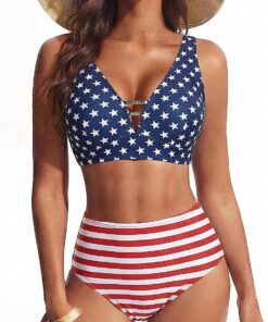 Hanna Nikole Damen Bikini Hohe Taille Cut Out Badeanzug Bauchweg Bademode Push Up Zweiteiliger Bikini Set V-Ausschnitt Badebekleidung