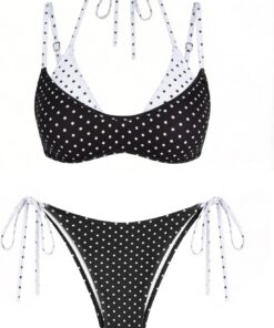ZAFUL Damen-Bikini-Set Doppellagiges Colorblock Polka-Dot Halter Sexy Tie-Side Zweiteiler Badeanzug Bademode