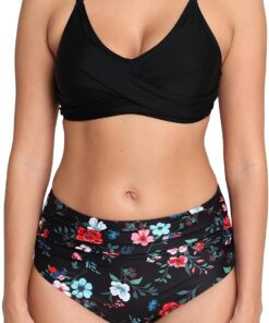 Halcurt Bikini Damen Set Raffung Bauchweg Zweiteiliger Badeanzug S-XL | Verstellbare Träger V Ausschnitt Bikini Oberteil, Hohe Taille Ruchung Bikinihose, Gepolsterter BH, Schnell Trocknend