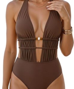 Badeanzug Damen Bauchweg Push Up Bademode Shape Einteilige Badeanzüge Sexy Raffung V Ausschnitt Schwimmanzug Strandmode Rückenfrei Schnürung Swimsuit for Women