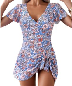 TcIFE Damen Badeanzug Badekleid Einteiler V-Ausschnitt Rüschen Flügelärmel | Damen Badekleid Einteiler mit V-Ausschnitt, Rüschen, Flügelärmel und Knoten vorne für den Strand Minirock Badeanzüge