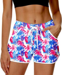 Damen Badehose Sommer Badeshorts High Waist Boardshorts mit Bund und Taschen