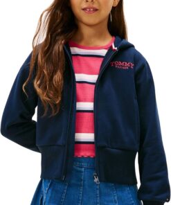 Tommy Hilfiger Mädchen Emb High Rib Hem Zip Thru Kg0kg08988 Kapuzenpullover mit durchgehendem Reißverschluss