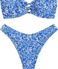 ZAFUL Damen Bikini Set mit O-Ring und Raffung hinten, hoher Schnitt, Bandeau Bikini Set, solide gepolstert, trägerlos, Zweiteiliger Badeanzug