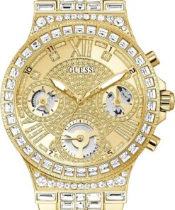Guess Damen Sport Multifunktions Glitzer mit Kristallen 36mm Uhr - Rosa Zifferblatt Rose Goldton Edelstahl Gehäuse & Armband