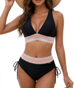Bikini Damen Set Zweiteiliger Hohe Taille Farbblock Kordelzug Badeanzüge Bikinis Bademode Swimsuit Badeanzug für Frauen Bandeau