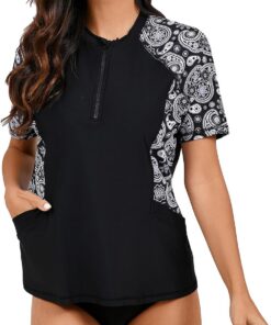 Halcurt UV Shirt Damen mit BH und Tasche 1/4 Zip Rash Guard UPF 50+ S-XXL | Sonnenschutz Schwimmshirt Kurzarm, Atmungsaktiv, Nur Schwimmoberteil, Raglan Ärmel
