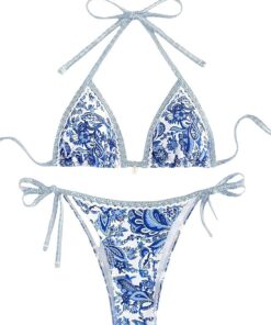 Happy Cherry 2-Teiliges Bikini-Set für Damen Sexy Binden Bedruckter Badeanzug Muschelverzierung Niedriger Taille Bademode